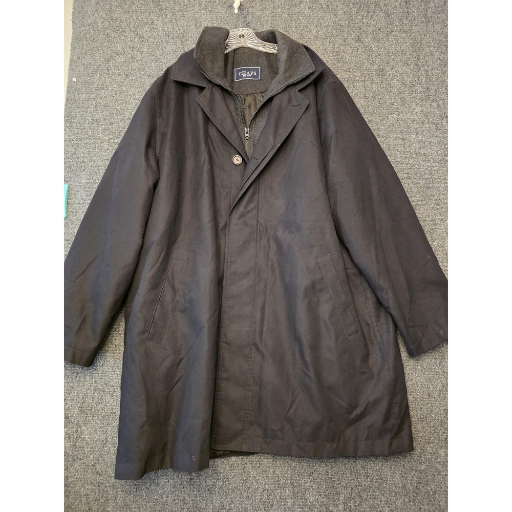 Chaps Coat Mens 48L Black Microfiber Overcoat Zip Removable Quilted Liner Warm
